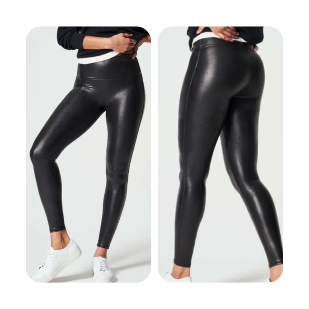 Spanx Shiny Black Faux Leather Leggings Size XS